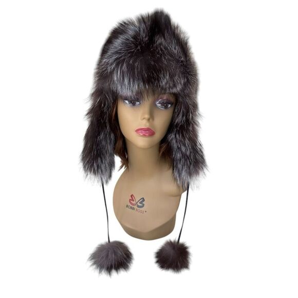 Surell Genuine Blue Fox Fur Trim Quilted Trapper Hat...